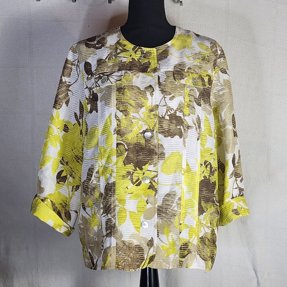 Alfred Dunner Citron Yellow Brown Floral Pearlized Button Up Poly Shacket Sz 16